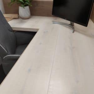 Engineered wood flooring used to create a bespoke desk countertop